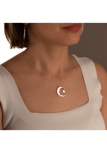 Dkmn Gümüş 925 Ayar Atatürk ve Sallantılı Yıldız Desenli Gümüş Kolye