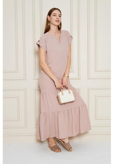 Kadın Uzun Eteği Fırfırlı Kısa Kol Apolet Detaylı Salaş Günlük Rahat Elbise 3761366 Pudra