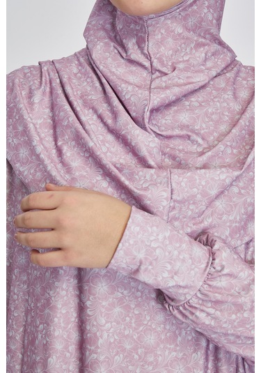 Pratik Tek Parça Çiçek Desenli Namaz Elbisesi Pembe