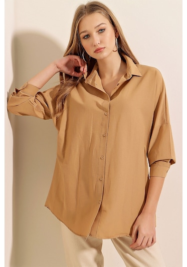 Bigdart 3900 Oversize Uzun Basic Gömlek - Bisküvi 001