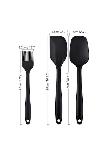 Isıya Dayanıklı Yanmaz Yapışmaz Silikon Spatula Seti 3 Parça Siy