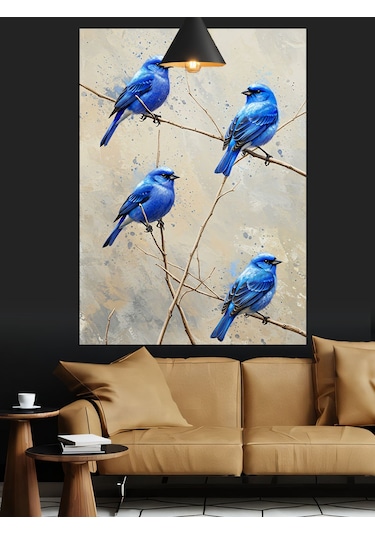 Mavi Tüylü Uçan Üç Kuş Dekoratif Kanvas - Mdf Ahşap Tablo