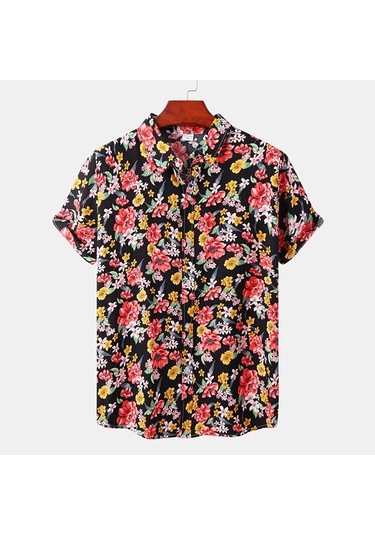 Snapbuy Erkek Yaz Çiçek Kısa Kollu Hawaii Gömlek Slim Fit Plaj Bluzfuşya Fuşya