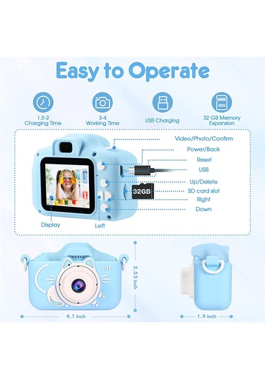 Springsun Çocuklar İçin Eğitici Mini Dijital Kamera - Yüksek Çözünürlüklü Çift Kameralı, Fotoğraf/video/ Oyun Özellikli, Kelebek Mavisi X5s