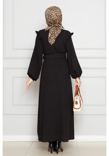 Omuzu Fırfır Kemerli Elbise-siyah-4557 Siyah