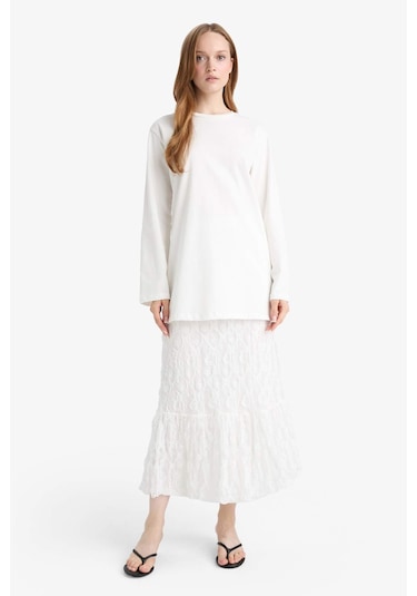 Defacto Regular Fit Bisiklet Yaka Uzun Kollu Tişört Tunik D4897ax25auer242 Ekru