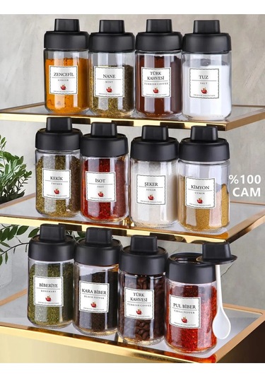 12 Adet Kapağı Kendinden Kaşıklı Cam Baharatlık Seti ŞEffaf