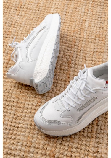 F-307 Beyaz Bağcıklı Saten Taş Aksesuarlı Günlük Spor Ayakkabı Beyaz