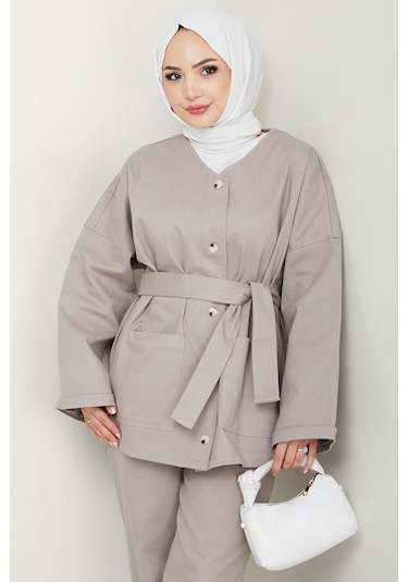 Kemerli Ceket Pantolon Gabardin Takım 1557 - Taş Taş