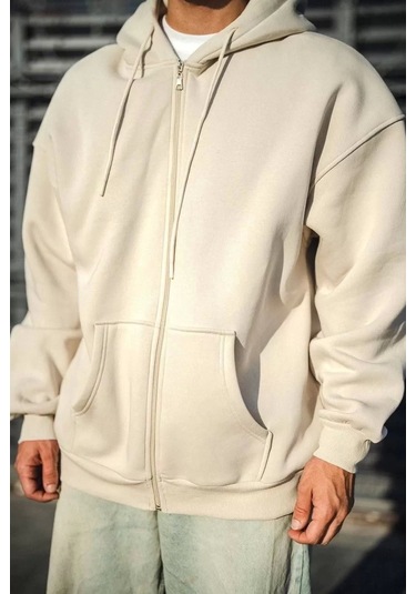 Oversize Tam Fermuarlı Uzun Kol Hırka - Bej Bej