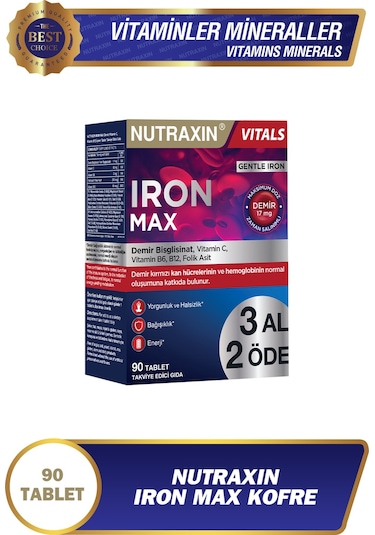 Nutraxin Iron Max 17 Mg 90 Tablet Avantajlı Paket - Gentle Iron, Vitamin C, B12, B6, 3 Aylık Kullanım