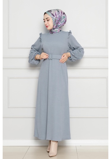 Omuzu Fırfır Kemerli Elbise-gri-4562 Gri