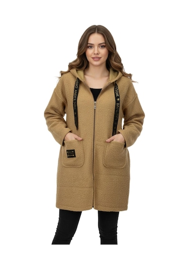 Caftan Kadın Anne Kapüşonlu Cepli Buklet Hırka Bgl-st05084 Camel