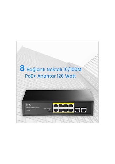Cudy FS1010P 8 Port 10/100mbps 120W Poe+ 2 Uplink Portlu Vlan Cctv Rack Mount Metal Switch
