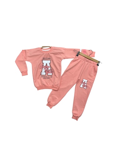 Kız Çocuk Arizona A Harf Desenli Kolu Çizgi Şeritli Bisiklet Yaka Somon Renk Eşofman Takımı 001