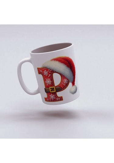 P Harfi Yılbaşı Temalı Bardak 330 Ml Harfli Kişiye Özel Hediye - Yeniyıl / Noel Şapka Tasarım Beyaz