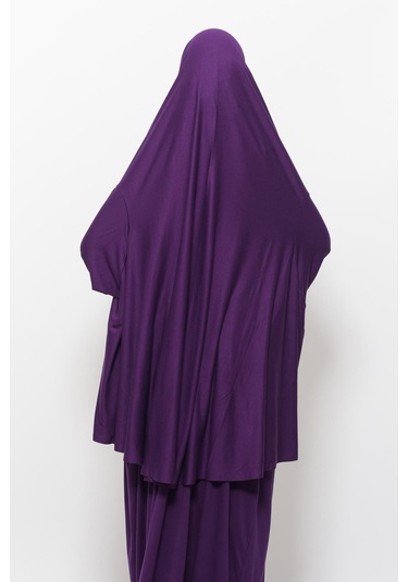 Pratik 2 Parça Pamuklu Yarasa Kollu Başörtülü Tesettür Namaz Elbisesi Mürdüm Antrasit