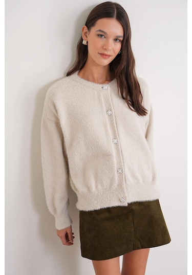 6902 Kadın Sakallı Basic Yumuşak Dokulu Triko Hırka Naturel Naturel