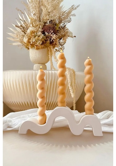 Modern Dalga Tasarımlı 3 Lü Beton Mumluk Şamdan - Dekoratif El Yapımı Masa Üstü Mumluk Beyaz