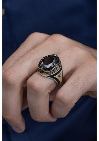 Yüzük Sanatı Oval Siyah Taşlı İsimli Harfli 925 Gümüş Erkek Yüzük