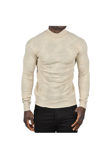 Deepsea Erkek Bej Deepsea Baklava Desenli Slim Fit Yarım Balıkçı Yaka Triko Boğazlı Kazak 2505511 Bej