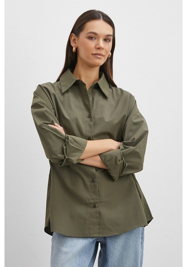 Düğme Detaylı Pamuklu Gömlek Haki Haki