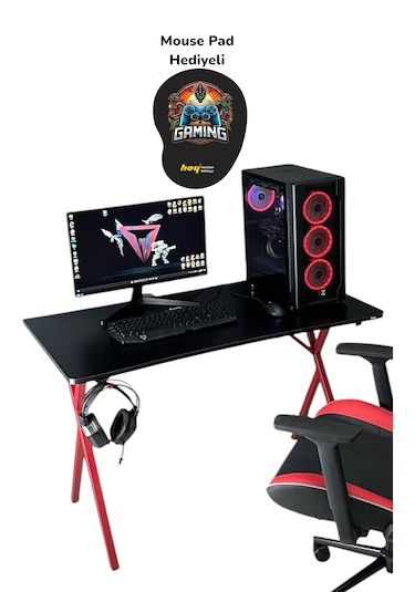 Heygaming Profesyonel Oyuncu Masası Siyah Kırmızı Bilgisayar Masa Siyah