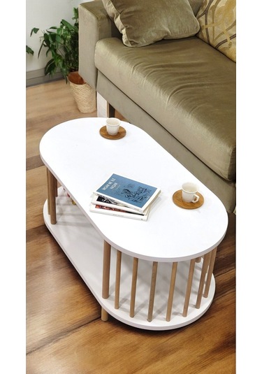 Orta Sehpa Ahşap Ayaklı Sehpa İki Raflı Sehpa Dekoratif Sehpa Gazetelikli Beyaz