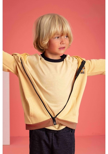 Luess Unisex Çocuk Kedi Nakışlı Fermuarlı Kapüşonlu Hırka Bej