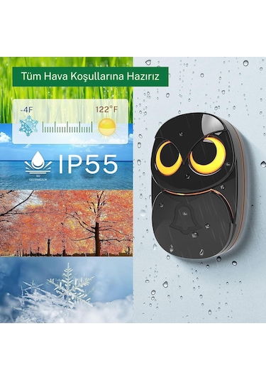 Techtic Kablosuz 2alıcı 1buton Kapı Zili Işıklı Baykuş 35 Melodi