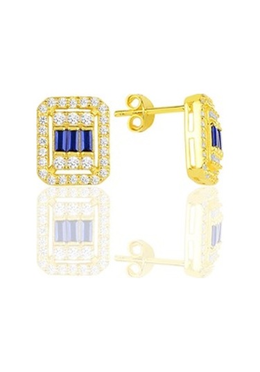 Gümüş Altın Yaldızlı Baget Kesim Safir Taşlı Çizgili Üçlü Set