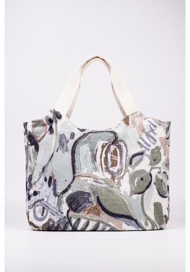 Fabric Craft Bag El Çanta Keten Desenli Yeşil Yeşil - Beyaz