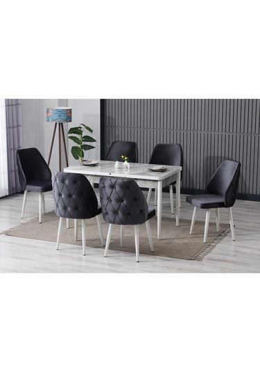 Alin Beyaz Mermer Desen 80x132 Açılabilir Mdf Masa Yemek Odası Takımı Mutfak Takımı 6 Sandalyeli Gri
