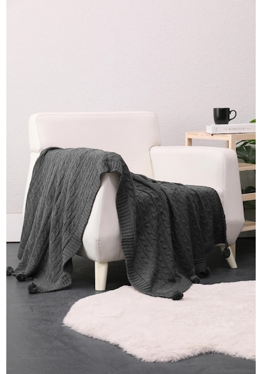 Biocotton Triko Ponponlu Örgü Tv Battaniyesi - Antrasit