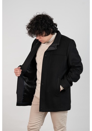 Yakalı Klasik Kesim Fermuarlı Kaşe Erkek Kaban Siyah