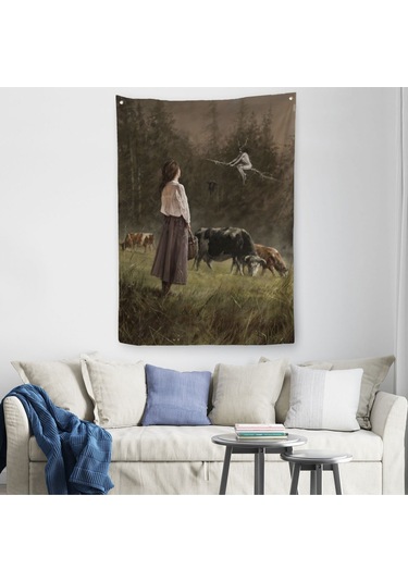 Süpürgeli Cadıya Özenen Kız Dekoratif Duvar Örtüsü - Halısı -6185