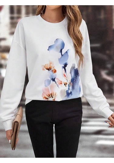 Floral Print Drop Shoulder Sweatshirt-trzksw114 Çok Renkli
