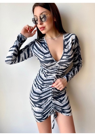 Tua Moda Kadın V Yaka Önü Asansör Büzgü Detay Fırsat Ürün Puantiyeli Mini Elbise Zebra