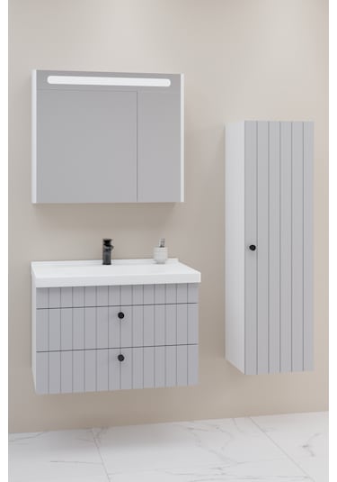 Petit 80 Cm Banyo Dolabı Npl Aynalı Gri - Boy Dolap Dahil Gri