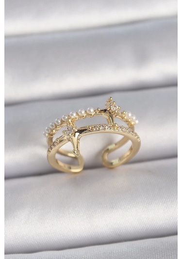 Pirinç Gold Renk Ayarlanabilir Zirkon Taşlı İncili Yıldız Model Kadın Yüzük - Tj-byk3392 Çok Renkli