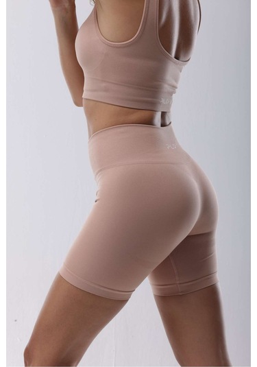 Seamless Pudra Normal Bel Kısa Fitted Basic Sporcu Tayt Pudra