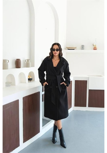 Neşeli Butik Kadın Omuz Detaylı Siyah Kaşe Kaban Nbmylk34 Siyah