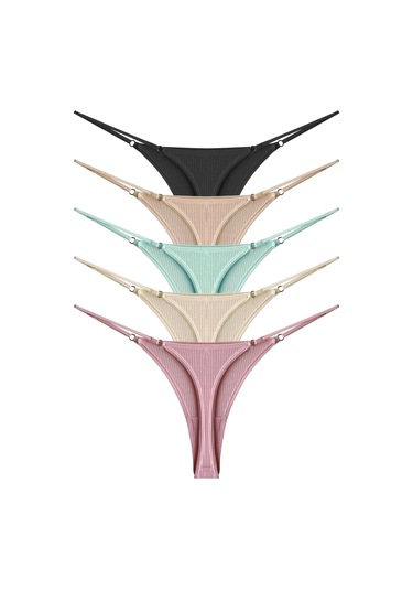 Pamuklu Ve Likralı Ayarlanabilir Lastikli Kaşkorse Fitilli Kadın Tanga Külot 5'li Paket Renkli-1 Çok Renkli