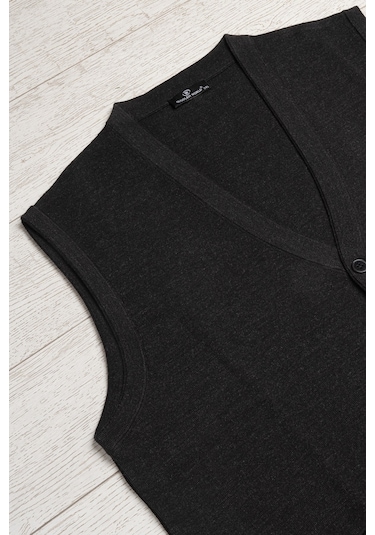 Cepli V Yaka Battal Büyük Boy Düğmeli Yünlü Triko Yelek Antrasit