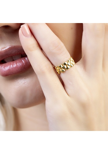 Zincir Tasarım Gold Renk Free Size 925 Ayar Gümüş Kadın Yüzük Sarı