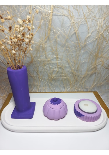 Tabaklı Sütun Vazolu, Minimal Mumluk Ve Balkabağı 4 Parça Set Beyaz Mor