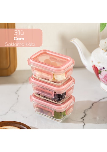 Porsima 4375 3lü Kilitli Sızdırmaz Kapaklı Yiyecek Erzak Saklama Kabı Seti - Cam Saklama Kabı - 150ml Pudra Pudra