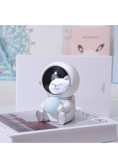 Ranyeek Ev Dekorasyonu Işıklı Kedi Astronot Figürü - Kozmik Ev Aksesuarı Masaüstü Işık Dekoratif Örgütsel Beyaz