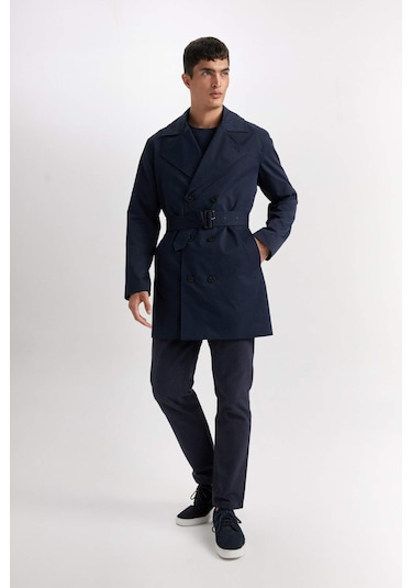 DeFacto Slim Fit Dar Kesim Düğmeli Kemerli Trençkot D5528AX25SPNV253 Lacivert