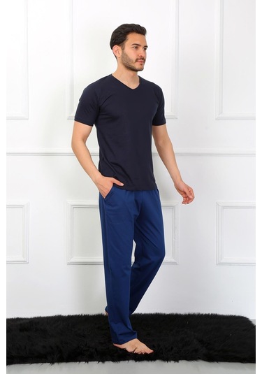 Akbeniz Erkek Penye 3'lü Lacivert V Yaka Pijama Takımı 6822-lacivert Lacivert
